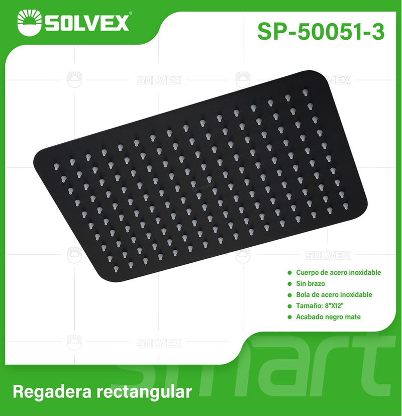 Regadera para Ducha Rectangular 8"x12" Negra. Cabezal de Acero Inoxidable Acabado Mate.