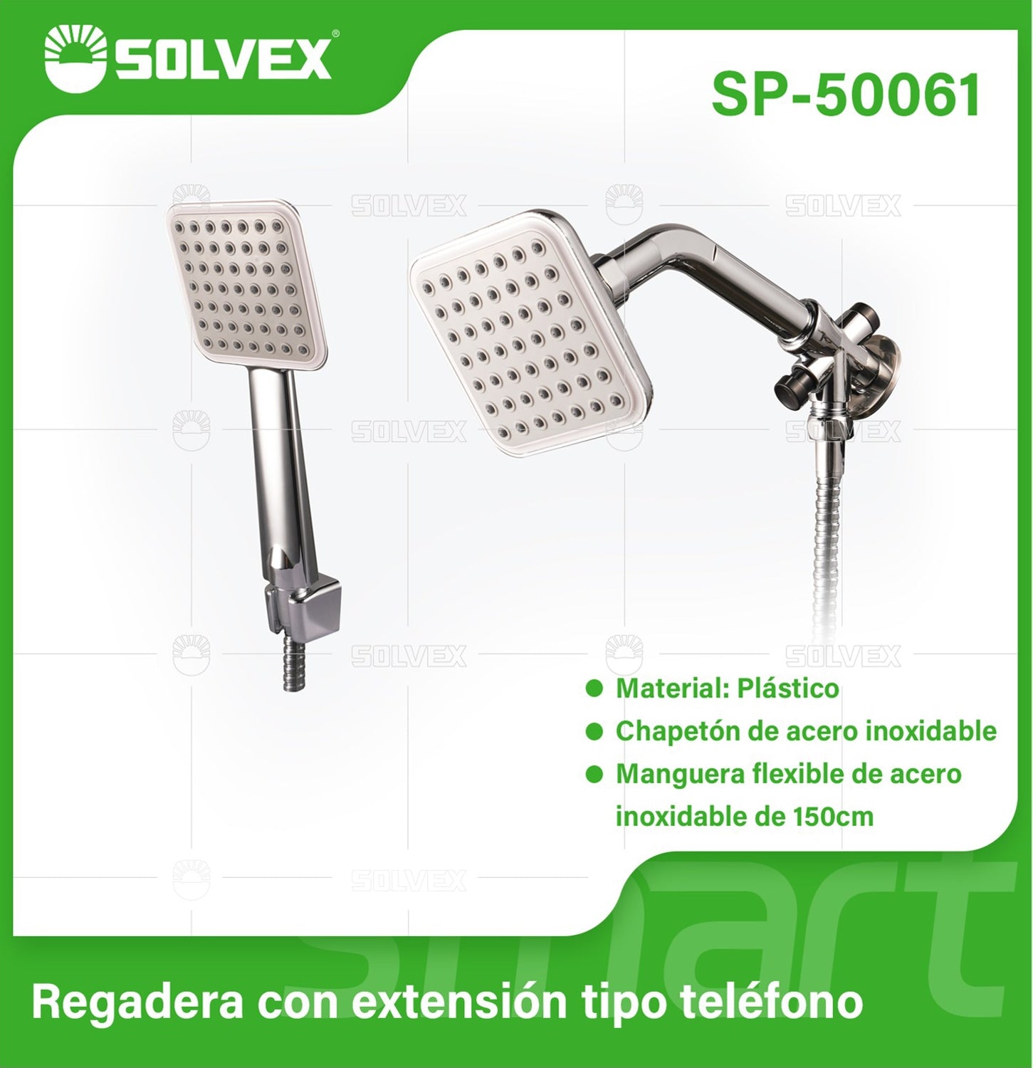 Regadera para Ducha con Extensión Tipo Teléfono 4" Cuadrada Cromada. Manguera y Desviador Incluidos.