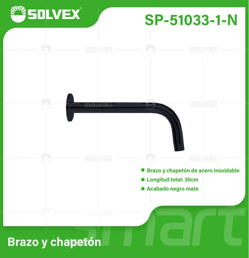 Brazo de Ducha 30 cm. Tubo de Acero Inoxidable con Chapetón para regadera. Color negro.