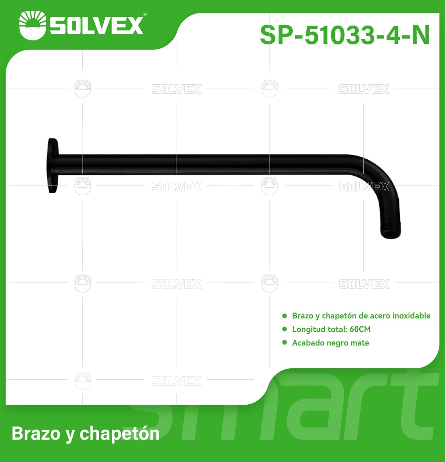 Brazo de Ducha 60 cm. Tubo de Acero Inoxidable con Chapetón para regadera. Color negro.