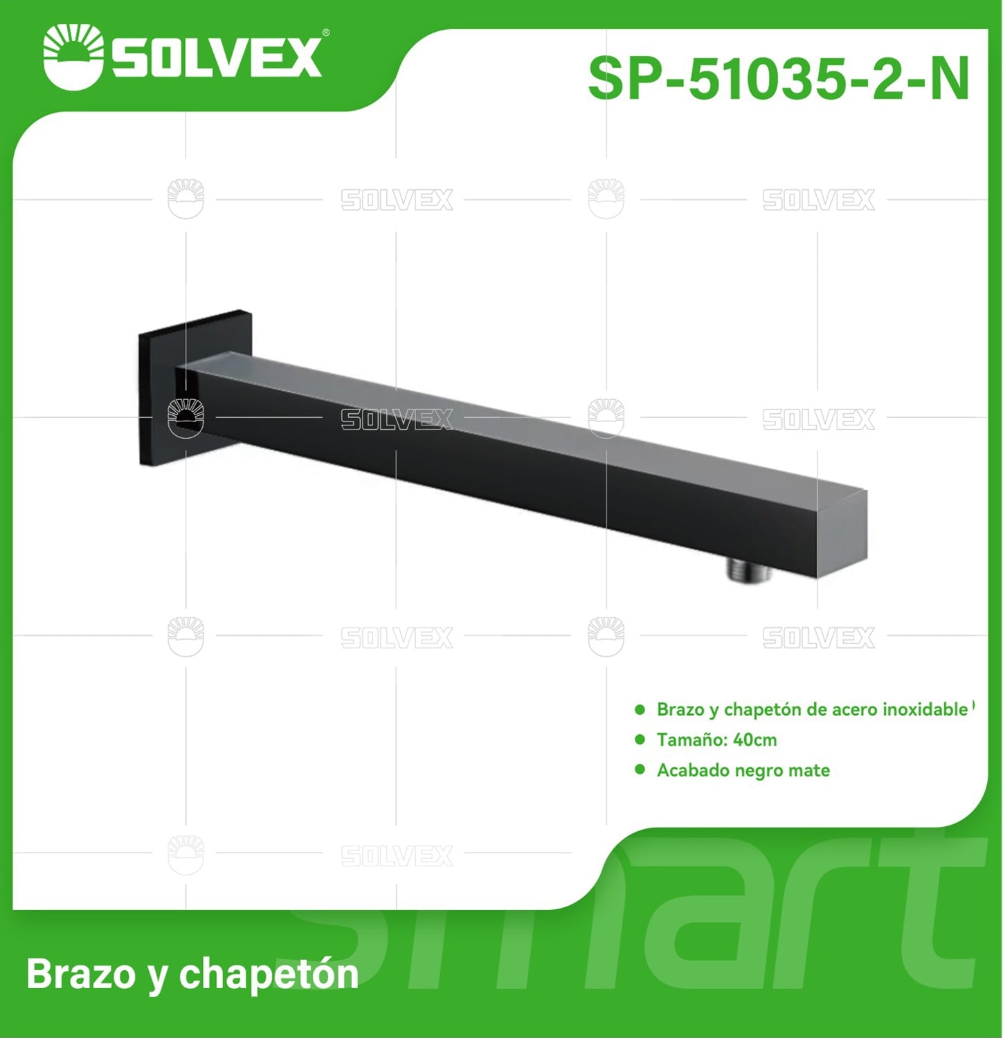 Brazo de Ducha cuadrado 40 cm. Tubo de Acero Inoxidable con Chapetón para regadera. Color negro.