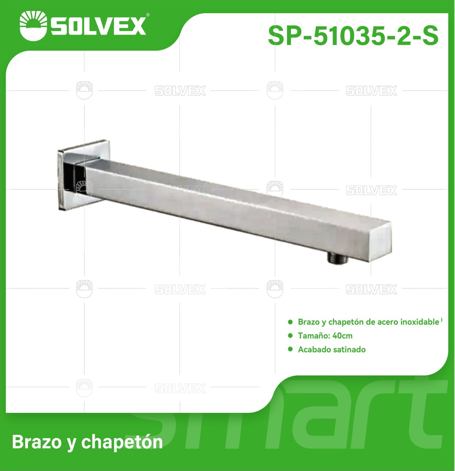Brazo de Ducha cuadrado 40 cm. Tubo de Acero Inoxidable con Chapetón para regadera. Acabado satinado.