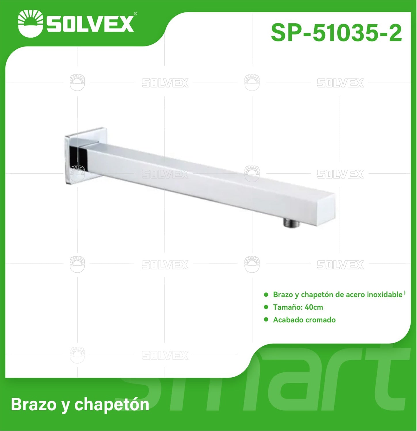 Brazo de Ducha cuadrado 40 cm cromado. Tubo de Acero Inoxidable con Chapetón para regadera.