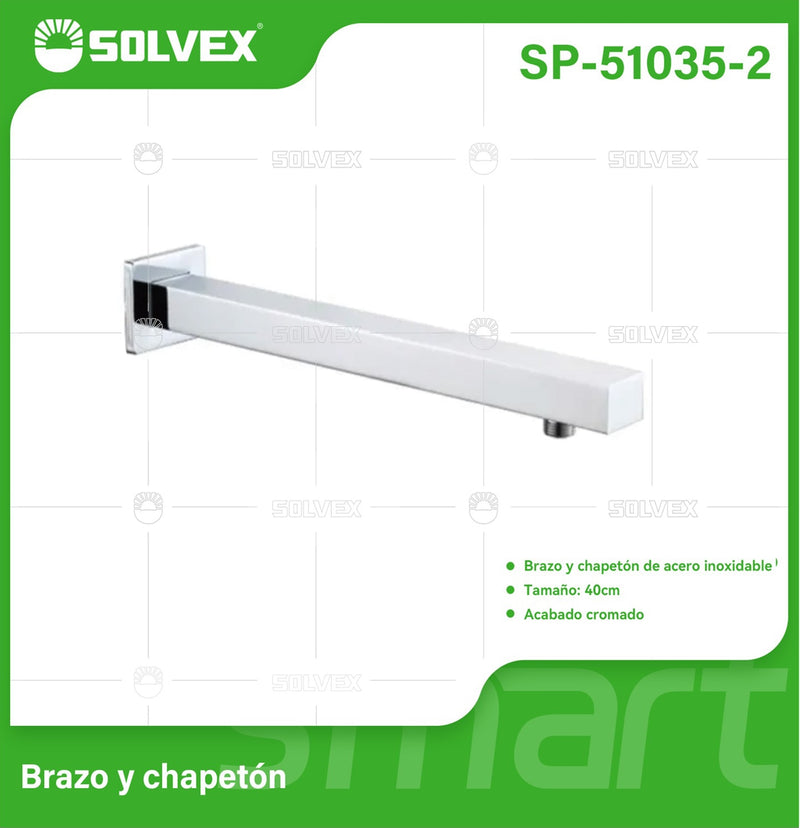 Brazo de Ducha cuadrado 40 cm cromado. Tubo de Acero Inoxidable con Chapetón para regadera.