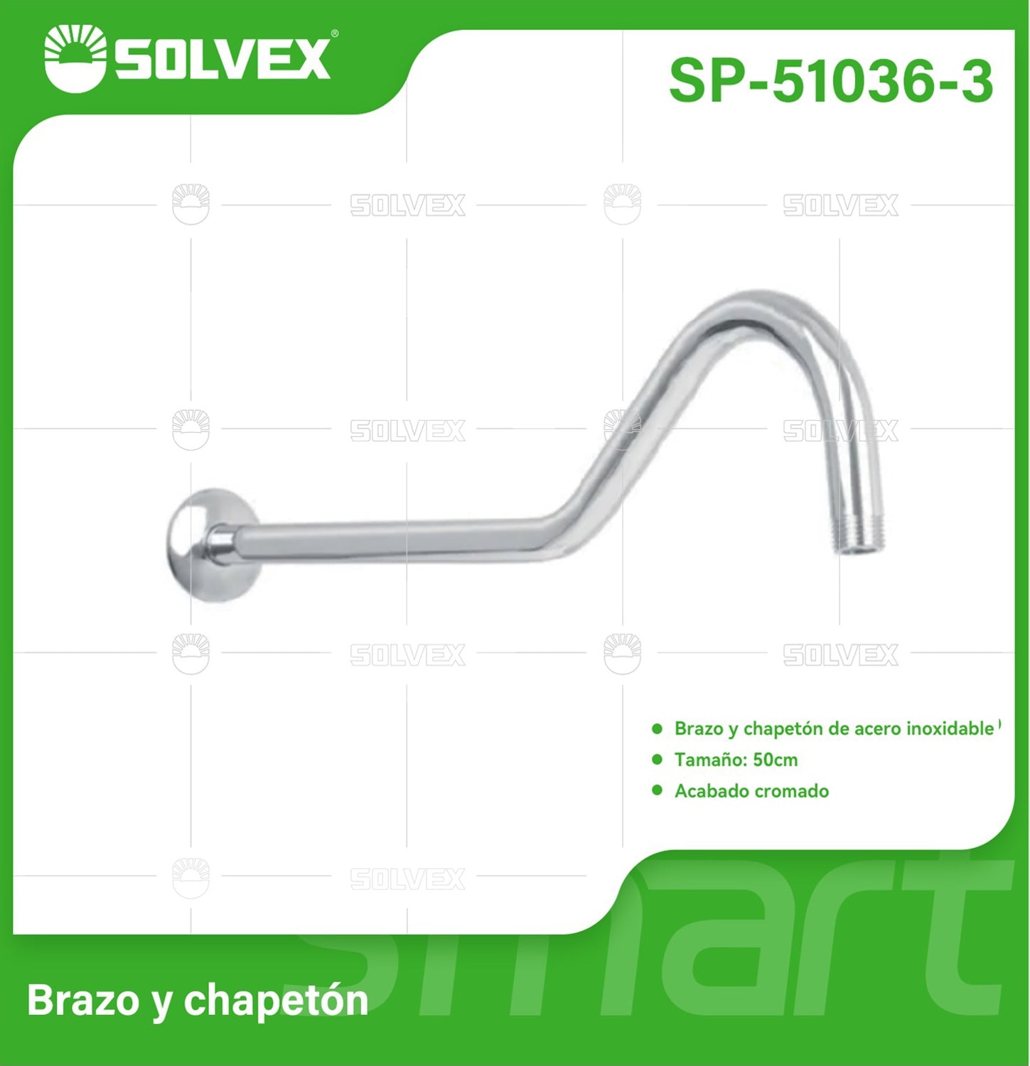 Brazo de Ducha curvo 50 cm. Tubo de Acero Inoxidable con Chapetón para regadera. Acabado cromado.