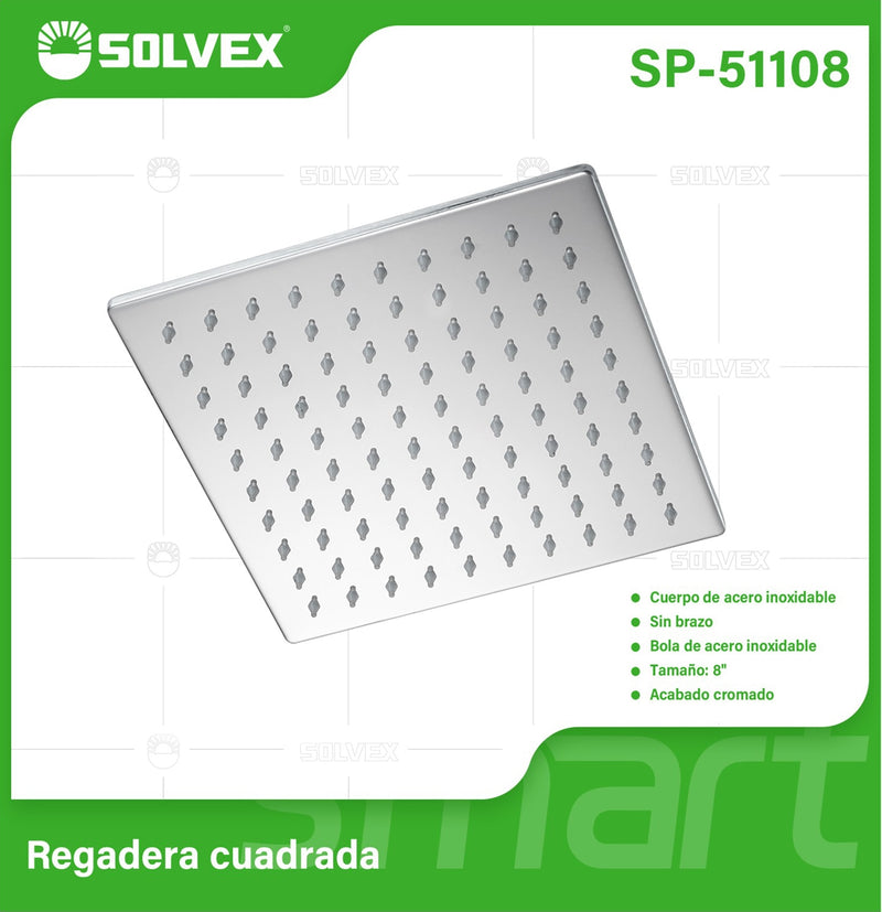 Regadera para Ducha Cuadrada 8" Cromada. Cabezal de Acero Inoxidable Resistente.