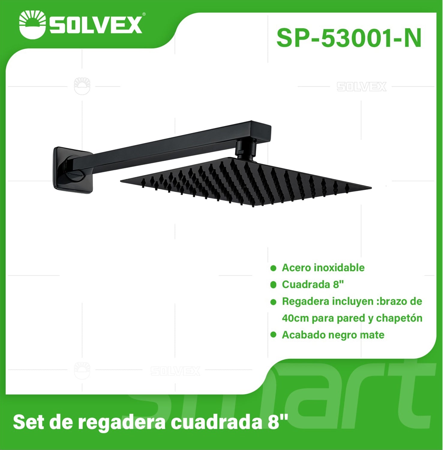 Regadera Cuadrada 8" con Brazo de 40 cm. Set de Ducha Acero Inoxidable. Color negro.