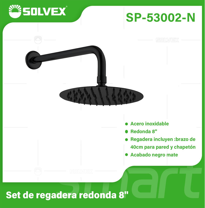 Regadera para Ducha Redonda 8". Acero Inoxidable con Brazo y Chapetón. Color negro.