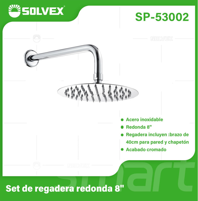 Regadera para Ducha Redonda 8". Acero Inoxidable con Brazo y Chapetón. Acabado cromado.