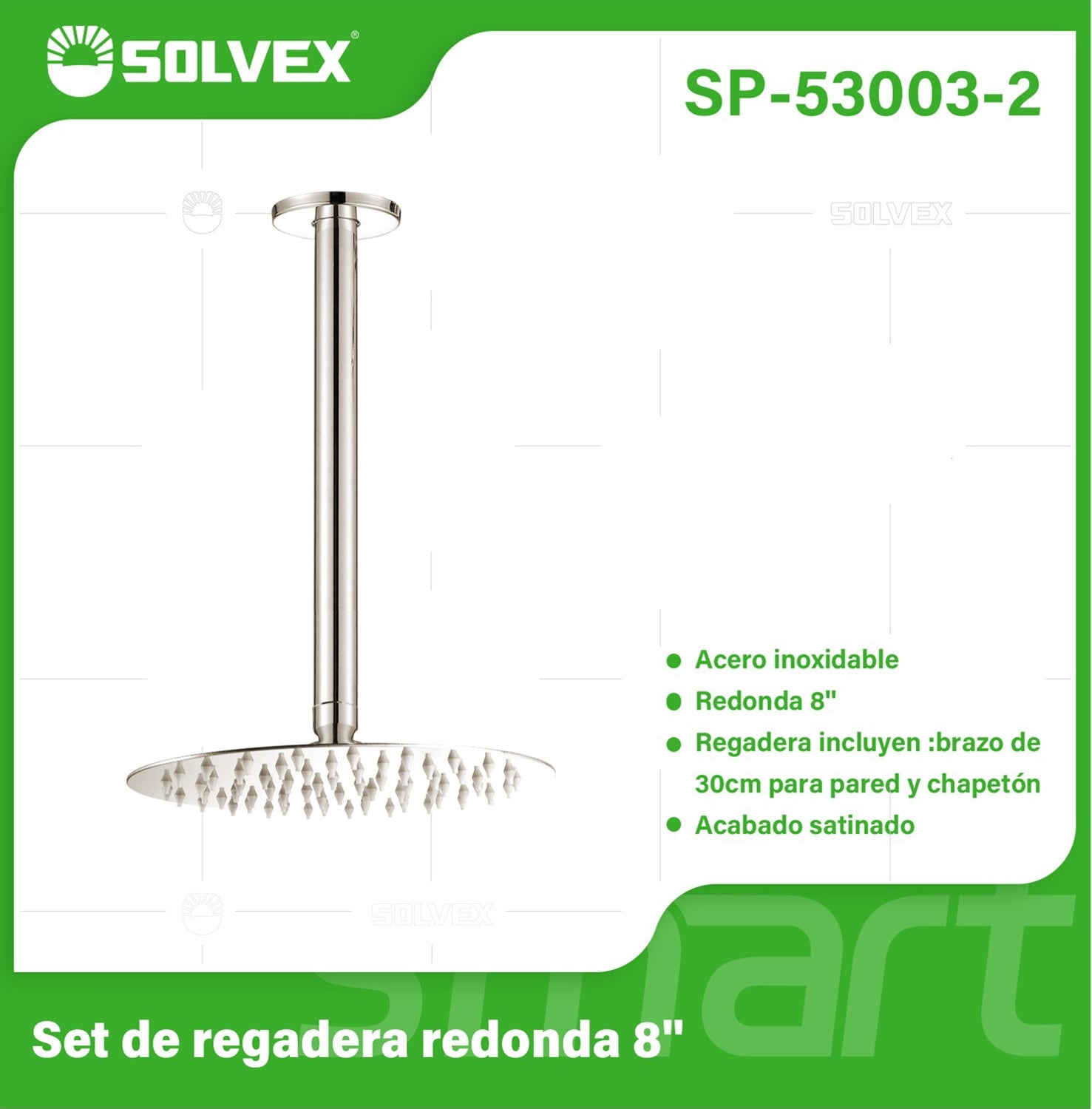 Regadera Redonda para ducha Tipo Lluvia 8". Acero Inoxidable con Brazo de Techo. Acabado satinado.