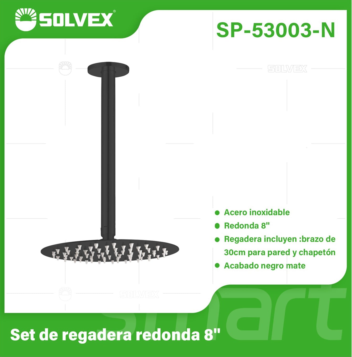 Regadera Redonda para ducha Tipo Lluvia 8". Acero Inoxidable con Brazo de Techo. Color negro.