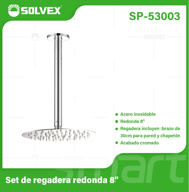 Regadera Redonda para ducha Tipo Lluvia 8". Acero Inoxidable Cromado con Brazo de Techo.