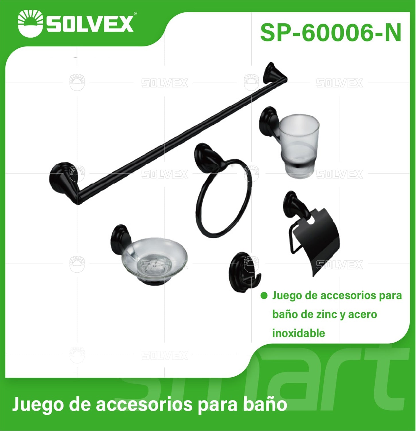 Accesorios para Baño. Set de 6 Piezas. Acero Inoxidable y Zinc. Color negro.