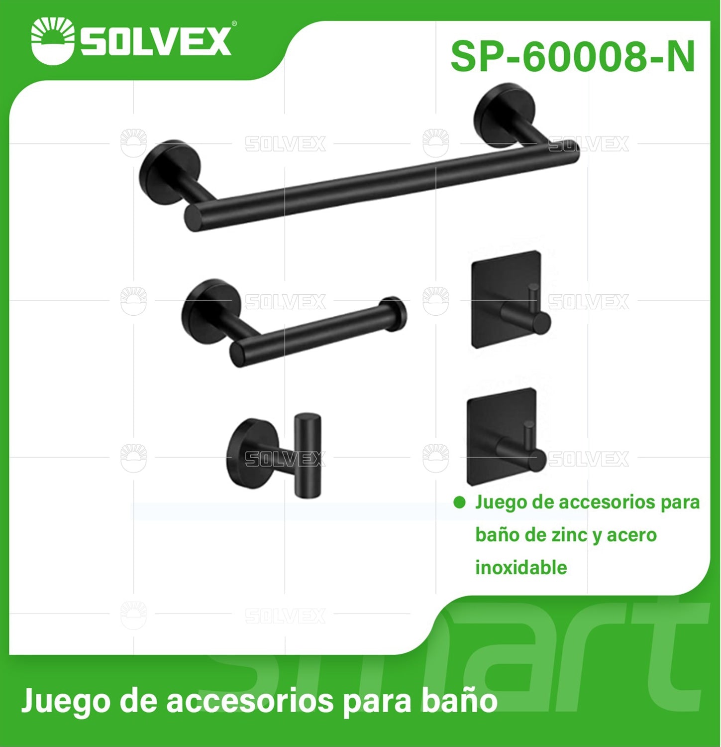 Accesorios para Baño. Set de 5 Piezas. Acero Inoxidable y Zinc. Color negro.