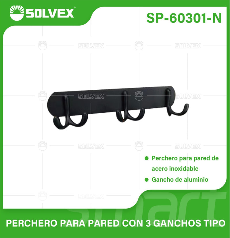 Perchero de Pared con 3 Ganchos. Acero Inoxidable y Aluminio. Color negro. Ideal para toallas o ropa.