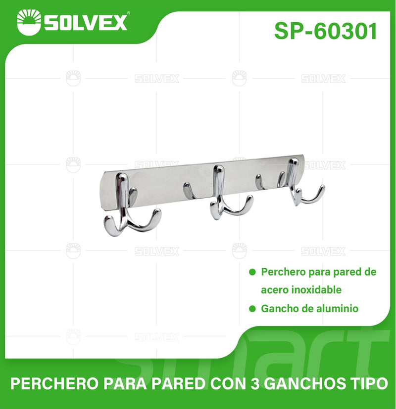 Perchero de Pared con 3 Ganchos. Acero Inoxidable y Aluminio con Acabado Cromado. Ideal para toallas o ropa.