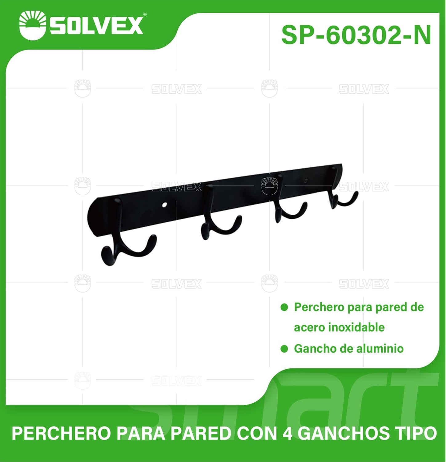 Perchero de Pared con 4 Ganchos. Acero Inoxidable y Aluminio. Color negro. Ideal para toallas o ropa.