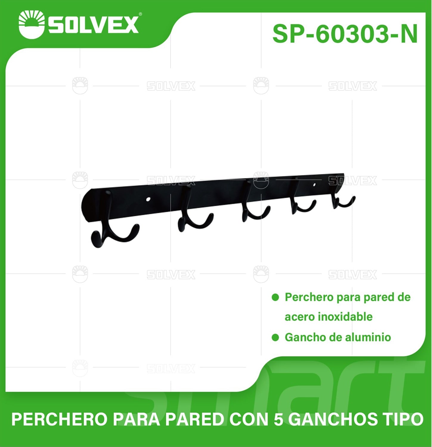 Perchero de Pared con 5 Ganchos. Acero Inoxidable y Aluminio. Color negro. Ideal para toallas o ropa.