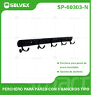 Perchero de Pared con 5 Ganchos. Acero Inoxidable y Aluminio. Color negro. Ideal para toallas o ropa.