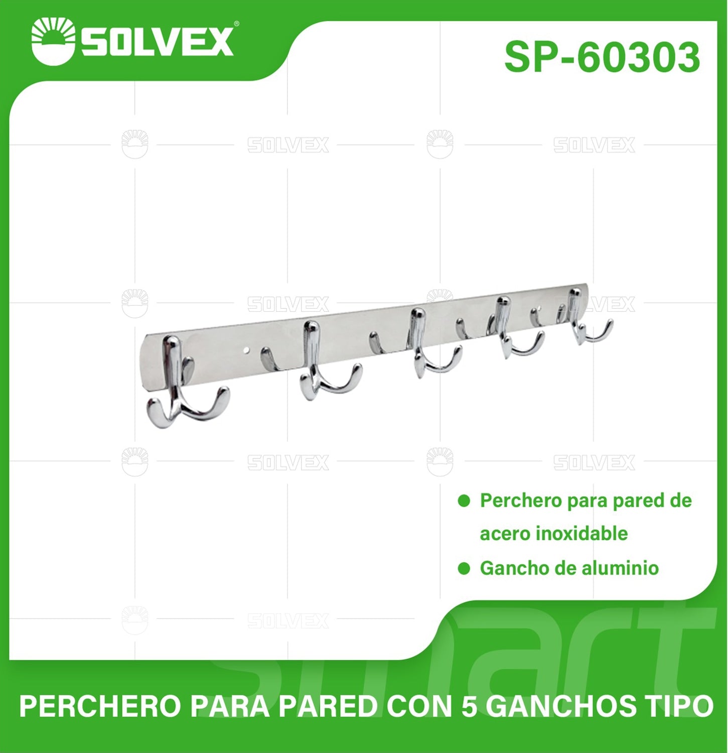 Perchero de Pared con 5 Ganchos. Acero Inoxidable y Aluminio con Acabado Cromado. Ideal para toallas o ropa.