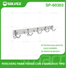 Perchero de Pared con 5 Ganchos. Acero Inoxidable y Aluminio con Acabado Cromado. Ideal para toallas o ropa.