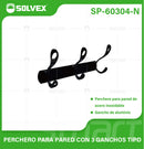 Perchero de Pared con 3 Ganchos dobles. Acero Inoxidable y Aluminio. Ideal para toallas o ropa. Color negro.