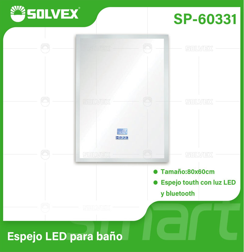 Espejo LED Rectangular 80x60 cm con Luz LED de 3 Tonos, Botón Táctil, Función Antiempañante y Bocina Bluetooth Integrada.