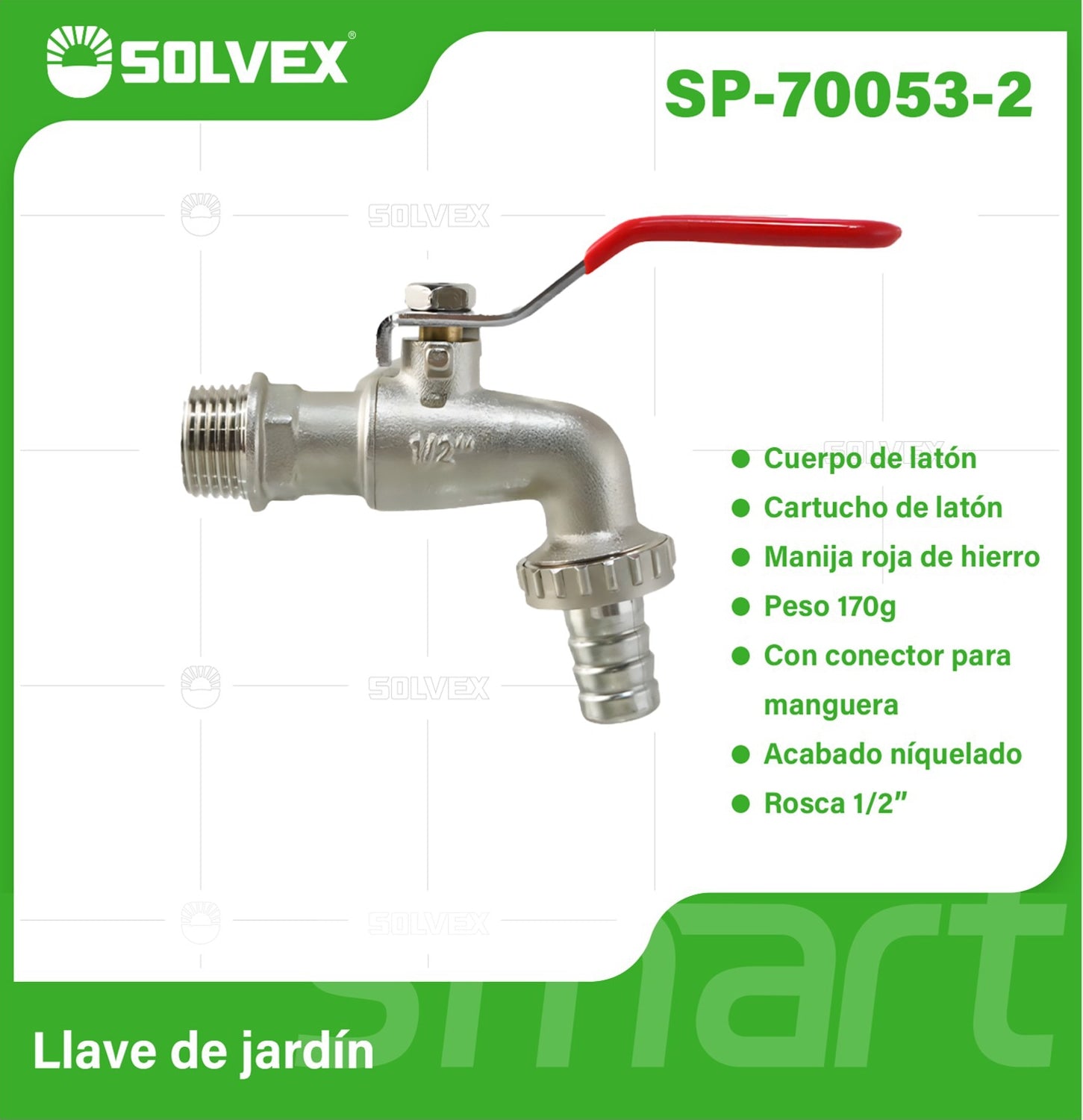Llave de jardín 1/2" con coupling para manguera sin rosca de salida, con palanca de medio giro.