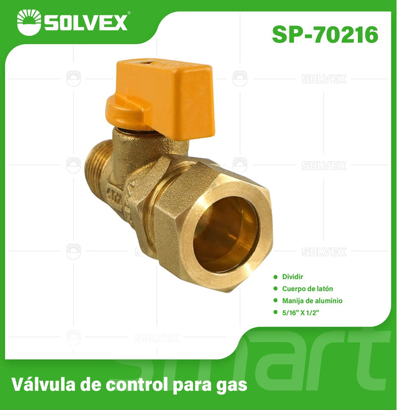 Válvula De Control Para Gas 3/8" x 1/2" Conexión Flare. Llave De Paso Con Mango Amarillo.