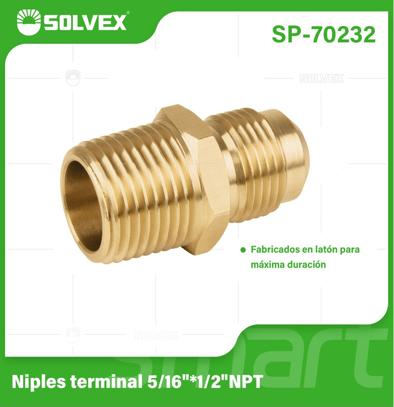 Niple Terminal De Latón 5/16" x 1/2" NPT Rosca Externa. Conector Para Gas Y Plomería.