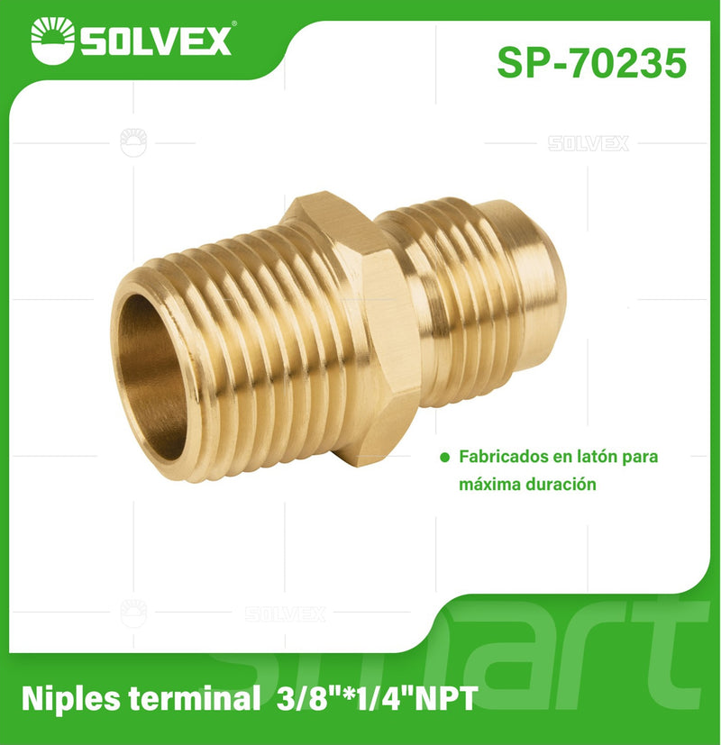 Niple Terminal De Latón 3/8" x 1/4" NPT Rosca Externa. Conector Para Gas Y Plomería.