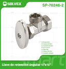 Llave De Ángulo 1/2" x 1/2" Para Agua Con Válvula De Retención Inseparable. Uso En Lavamanos Y fregadores. Cromada.