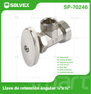 Llave De Ángulo 1/2" x 1/2" Para Agua Con Válvula De Retención Inseparable. Uso En Lavamanos, fregadores E Inodoros.