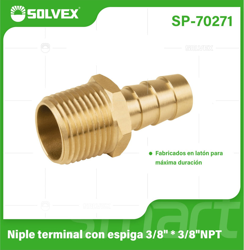 Niple Terminal Con Espiga 3/8" x 3/8" NPT De Latón. Conector Para Manguera De Gas Y Plomería.