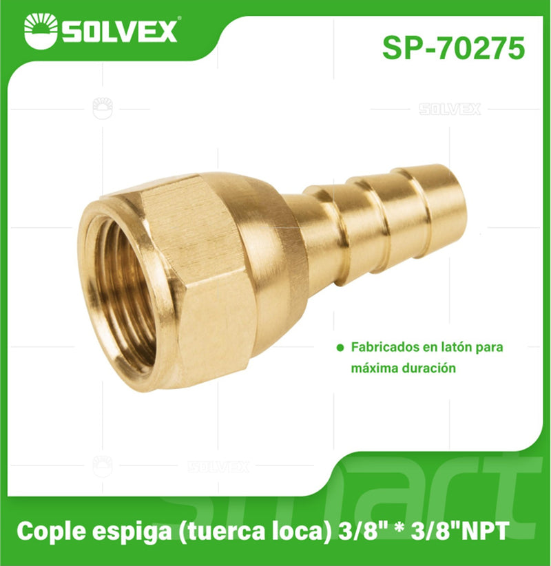 Cople Espiga (Tuerca Loca) 3/8" x 3/8" NPT de Latón. Conector para Manguera de Gas. Coupling.