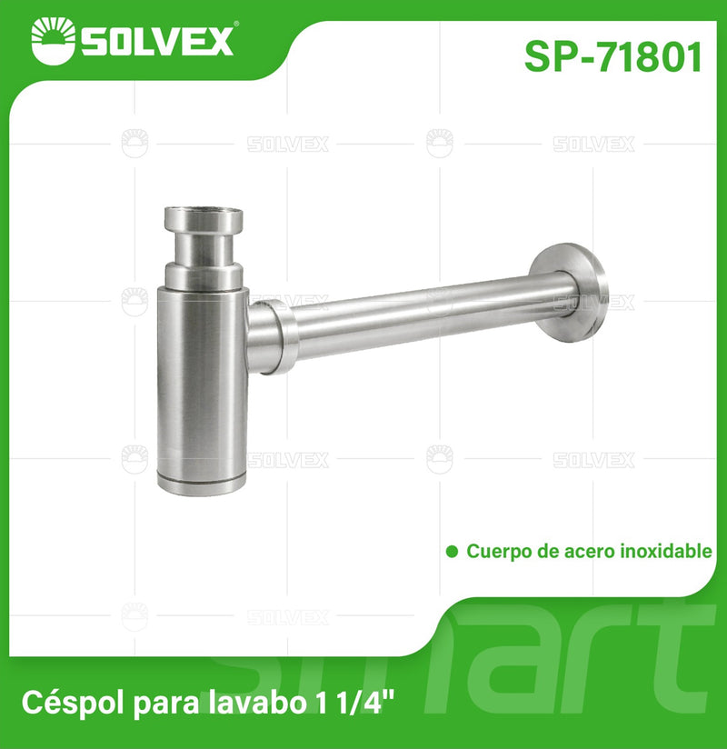 Trampa para Lavamanos 1 1/4". Desagüe en Acero Inoxidable con Acabado Satinado y Sifón Antiobstrucción.