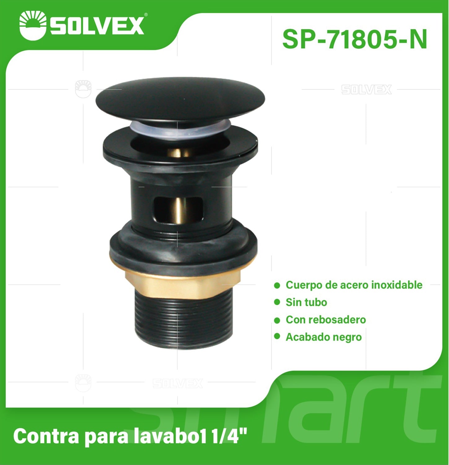 Desagüe Para Lavamanos 1 1/4" Acero Inoxidable Con Rebosadero. Drenaje para fregador y tina. Color negro.