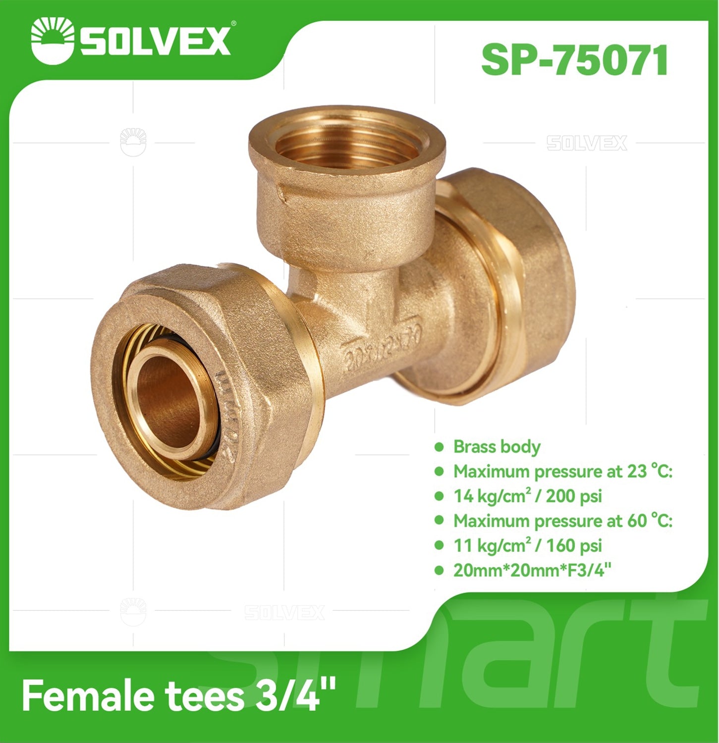 Tee De Compresión Hembra 3/4" (20 mm x 20 mm x H3/4") En Latón. Conector De 3 Vías Para Agua Y Gas.