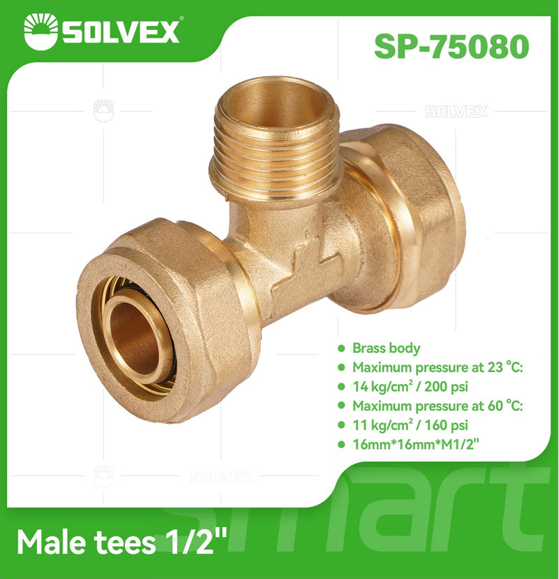 Tee De Compresión Macho 1/2" (16 mm x 16 mm x M1/2") En Latón. Conector De 3 Vías Para Agua Y Gas.