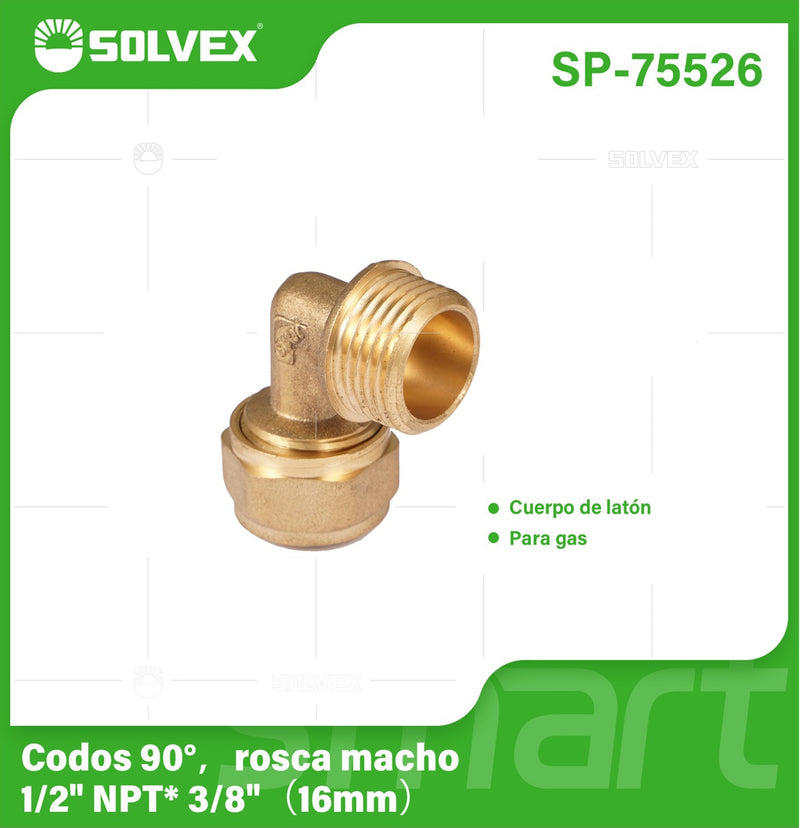 Codo De Compresión 90° Rosca macho 1/2" NPT x 3/8" (16 mm) En Latón. Conector Angular Para Agua y Gas.