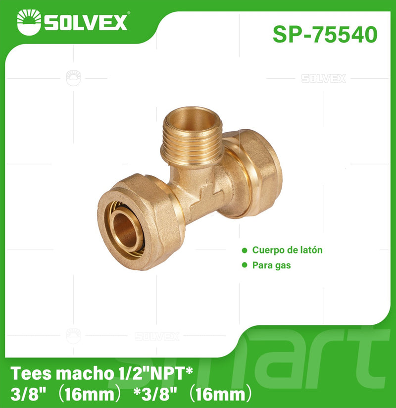 Tee De Compresión Macho 1/2" NPT x 3/8" (16 mm) En Latón. Conector En T Para Agua y Gas.