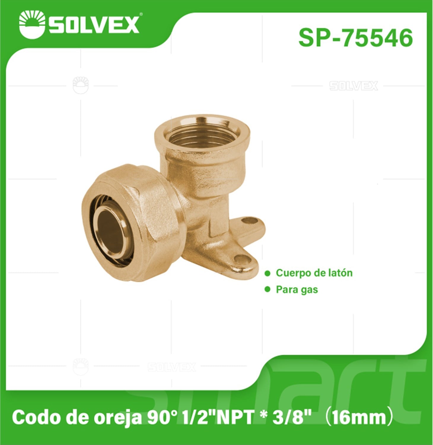 Codo De Compresión De Oreja 90° 1/2" NPT x 3/8" (16 mm) En Latón. Soporte Fijo Para Agua y Gas.