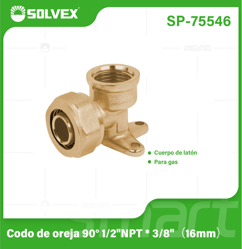 Codo De Compresión De Oreja 90° 1/2" NPT x 3/8" (16 mm) En Latón. Soporte Fijo Para Agua y Gas.