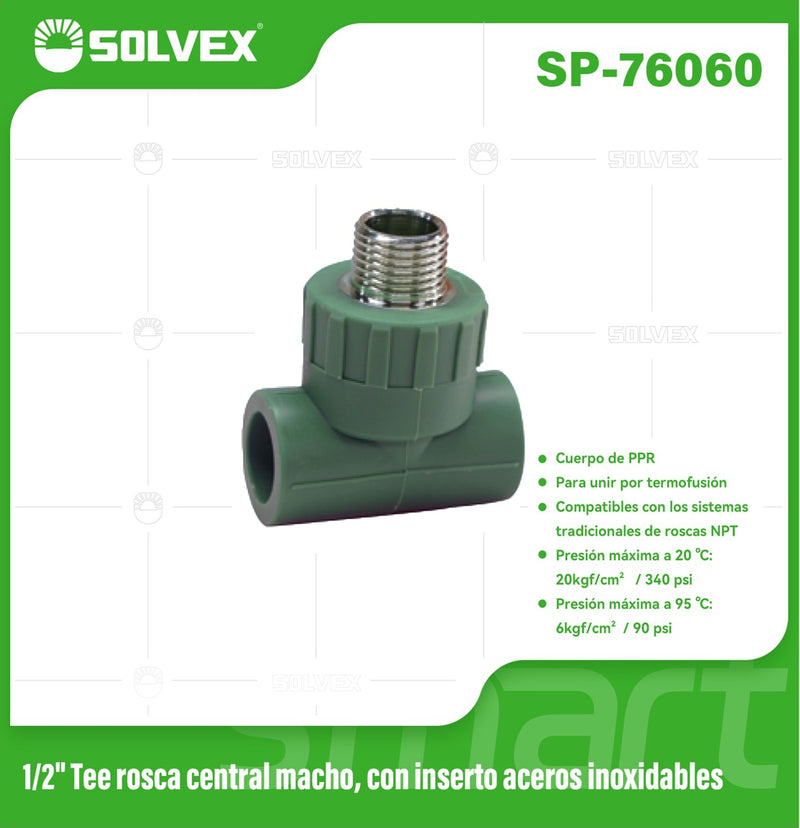 Tee PPR 1/2" con Rosca Central Macho e Inserto de Acero Inoxidable. Conector Termofusión para Agua.