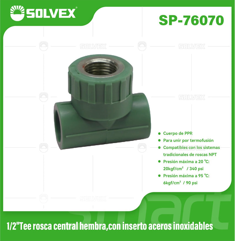 Tee PPR 1/2" con Rosca Central Hembra e Inserto de Acero Inoxidable. Conector Termofusión para Agua.