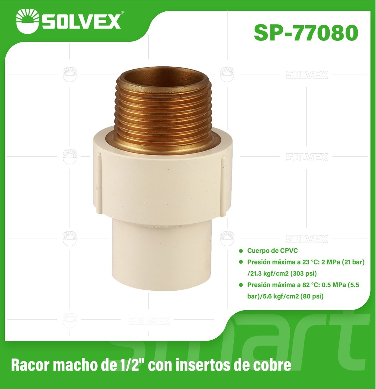 Adaptador CPVC Macho 1/2" con Inserto de Cobre. Conector Final Roscado para Agua Caliente y Fría.