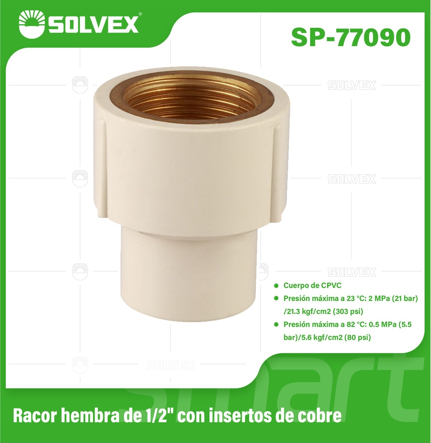 Adaptador CPVC Hembra 1/2" con Inserto de Cobre. Conector Final Roscado para Agua Caliente y Fría.