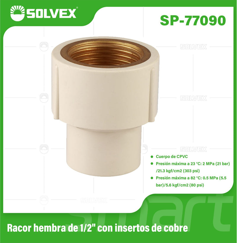 Adaptador CPVC Hembra 1/2" con Inserto de Cobre. Conector Final Roscado para Agua Caliente y Fría.