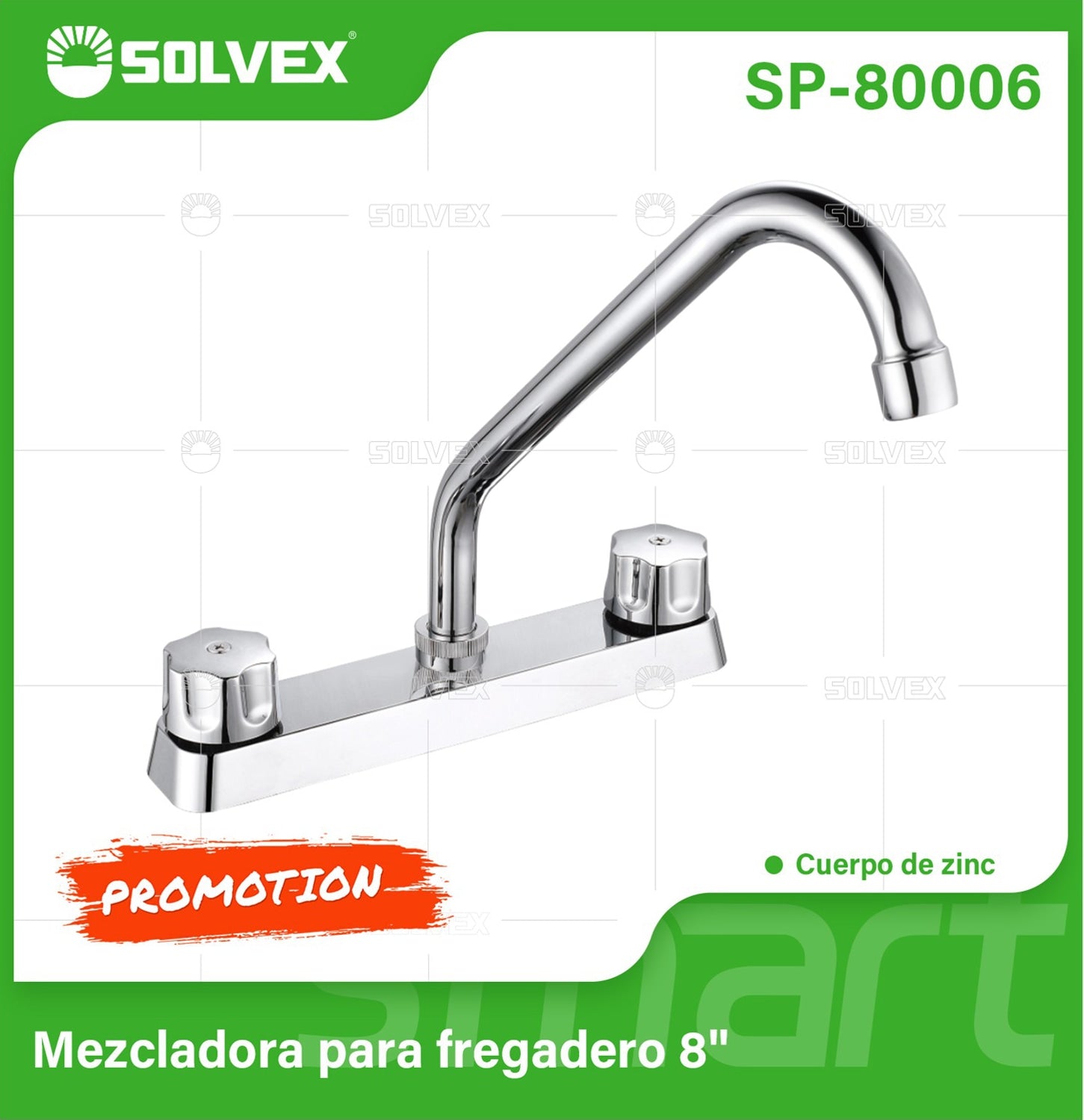 Llave Mezcladora 8" Para fregador de Cocina. Grifo Doble Manija con Pluma de Agua Fría y Caliente. Acabado Cromado.