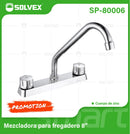 Llave Mezcladora 8" Para fregador de Cocina. Grifo Doble Manija con Pluma de Agua Fría y Caliente. Acabado Cromado.